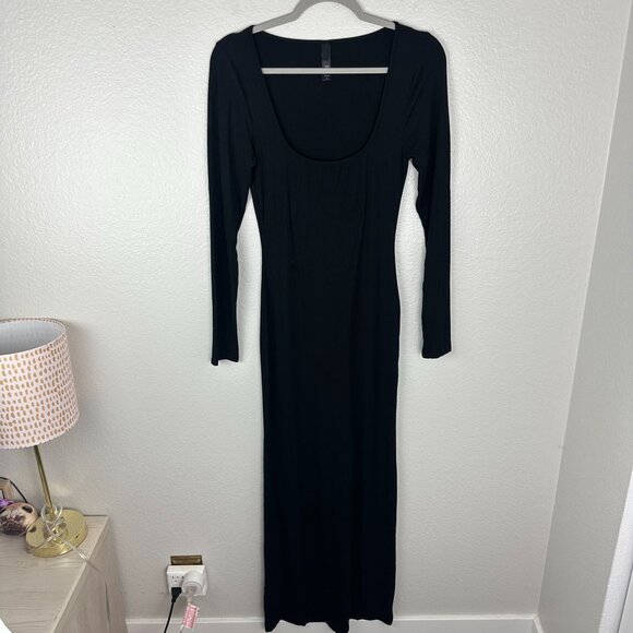 Skims Soft Lounge Long Sleeve Dress L Black Ribbed Onyx Maxi Bodycon Stretch - Picture 2 of 9